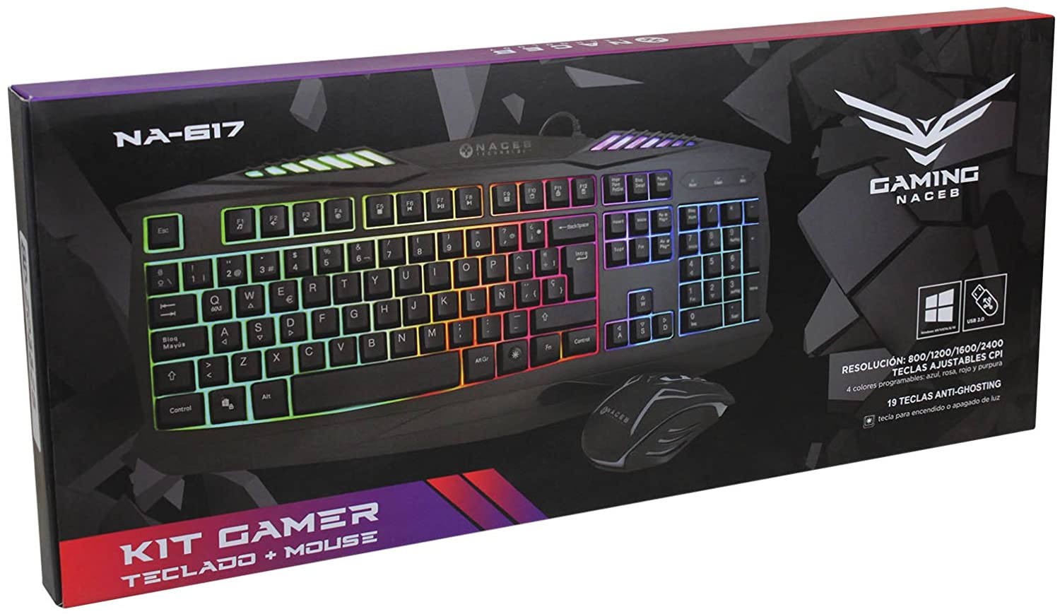 Kit de Teclado y Mouse Gaming Naceb Technology NA-617, USB, Negro