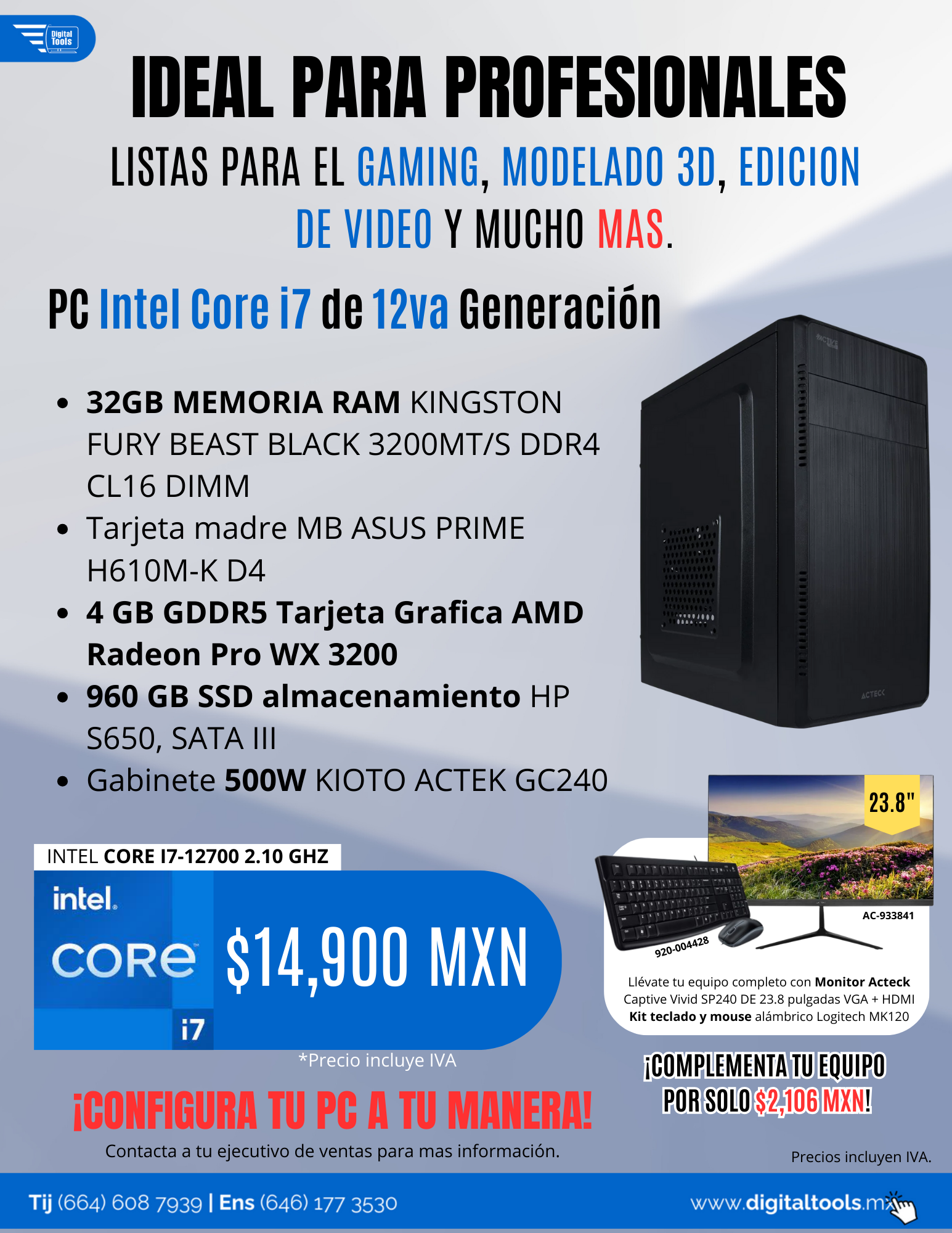 PC Intel Core i7 de 12va Gen, 32GB RAM, 960 GB SSD (ENSAMBLADA)